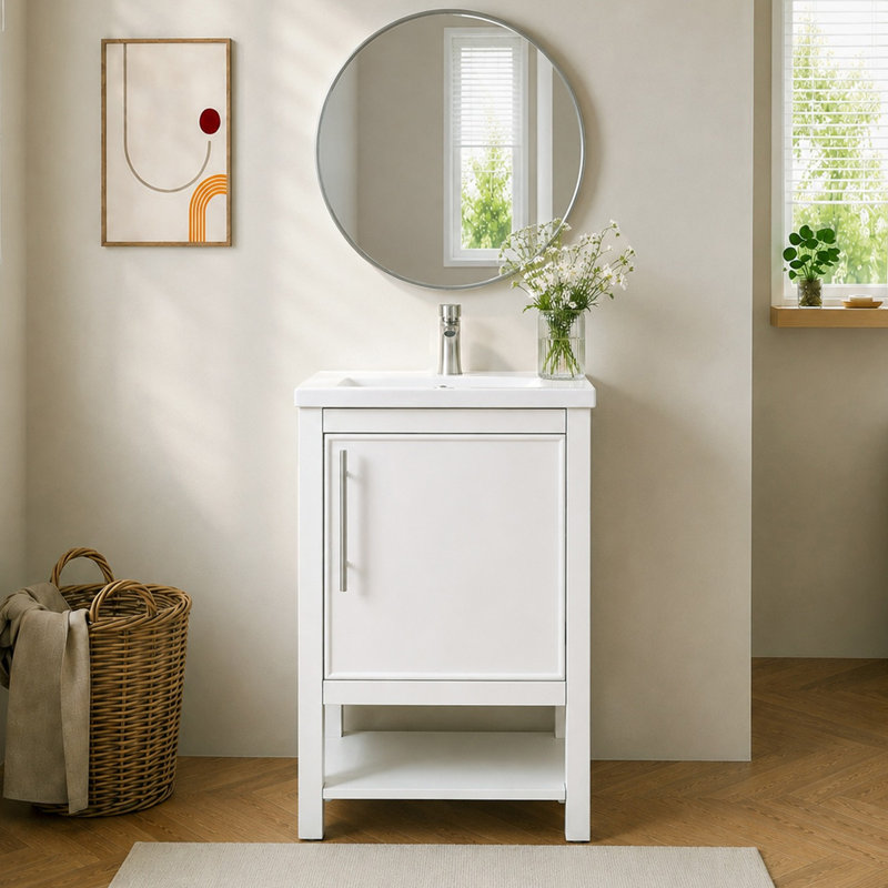 20" Shaker White Mini Freestanding Bathroom Vanity with Integrated Ceramic Sink & Soft‑Close Door