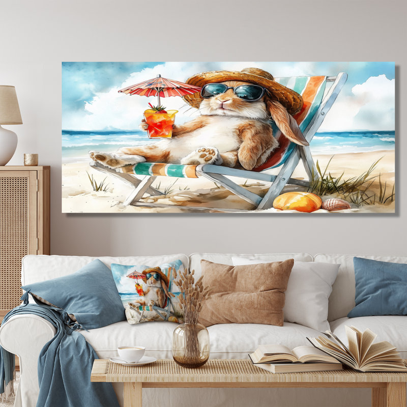 Lapin sur la plage relaxant - art mural animaux côtiers, Toile tendue, H 30 po x l 40 po