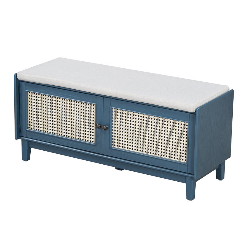 Boho Rattan Entryway Bench With Storage, Cushioned Shoe Bench With Double Doors, Wooden Shoe Organizer Bench For Entryway And Hallway (Antique Navy+Beige )