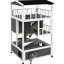 Chat extérieur gris en bois, abri avec toit en asphalte, portes de secours, plateforme de saut et maison de conception aérée, espace de jeu pour les portes