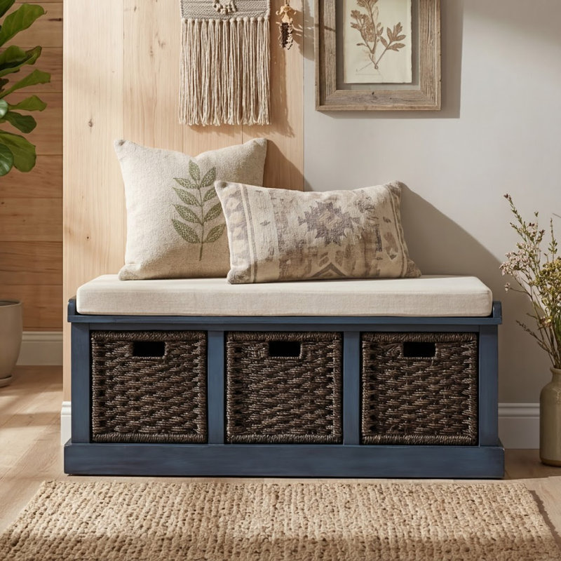 Rustic Storage Bench with 3 Rattan Baskets and Removable Cushion, Antique Navy