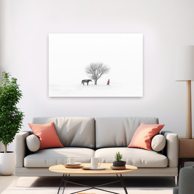 Cheval et personne dans la neige, impression de paysage abstrait cheval minimaliste paysage nature, H 40 po x l 60 po