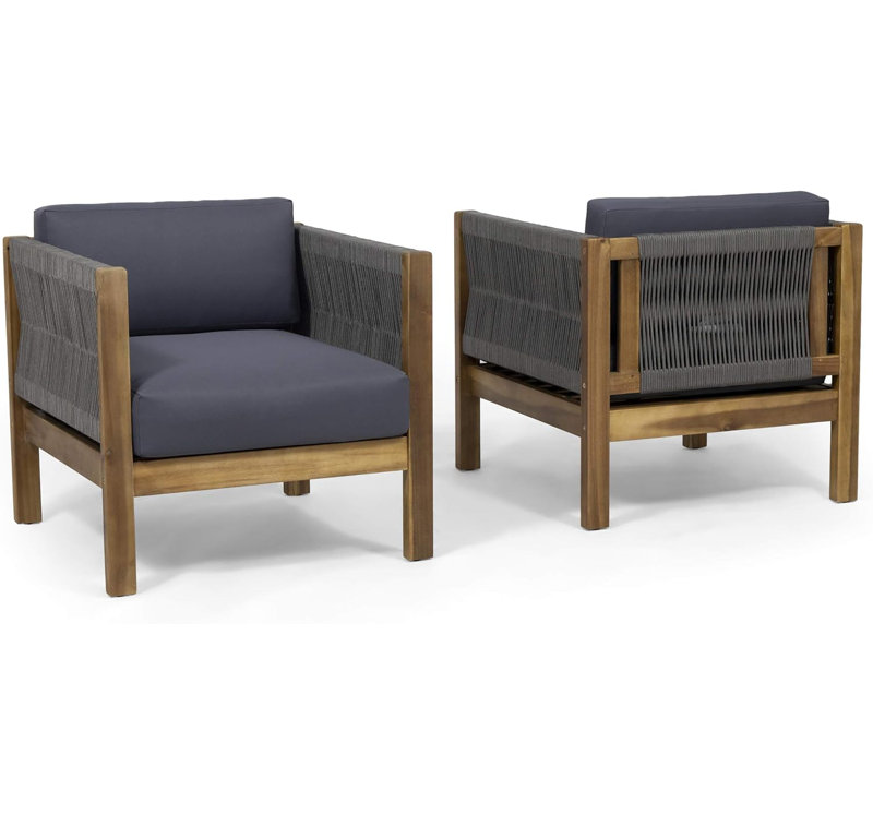  Fauteuil club d'extérieur moderne avec côtés en corde et coussins, ensemble de 2, pour patio ou balcon, gris