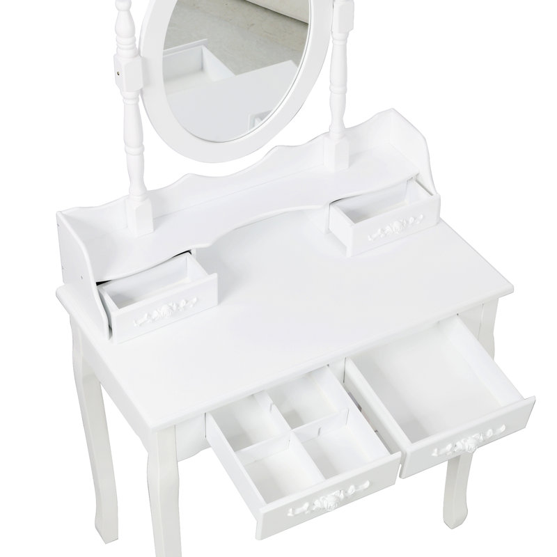 Bureau de coiffeuse blanc avec miroir rotatif, conception à 4 tiroirs, tabouret confortable, utilisation polyvalente, rangement pivotant sur structure 360, assemblage facile pour la chambre