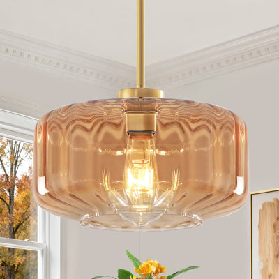 1 - Light Gold Dimmable Single Pendant Light With Amber Glass Shade For Kitchen Island, Dining Room, Bedroom, Hallway
