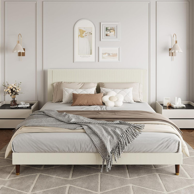 King Upholstered Platform Bed Frame, Fabric Headboard, Metal Frame with Wooden Slats, Modern Bedroom Use ,Beige, Beige, King