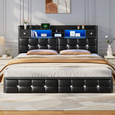 Lit tête de lit tapissier moderne avec tiroirs et tablettes de rangement, tête de chargement USB et éclairage d'ambiance personnalisable à DEL - double / grand / très grand