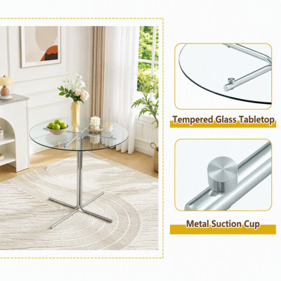 Round Glass Bar Table with Tempered Glass Top and Four-Column Support