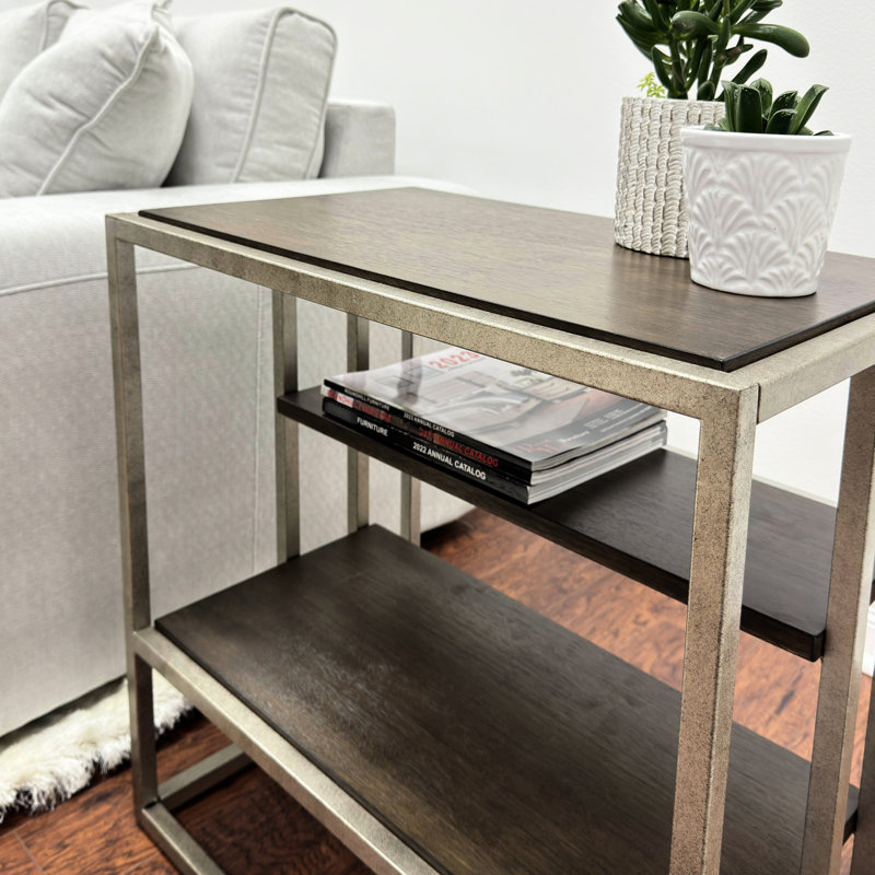 Ensemble de tables de salon avec pièces en métal et en bois: 2 tables basses, brun, rectangulaire, ensemble de tablettes fixes: 1 et structure, placage de peuplier massif, finition brune