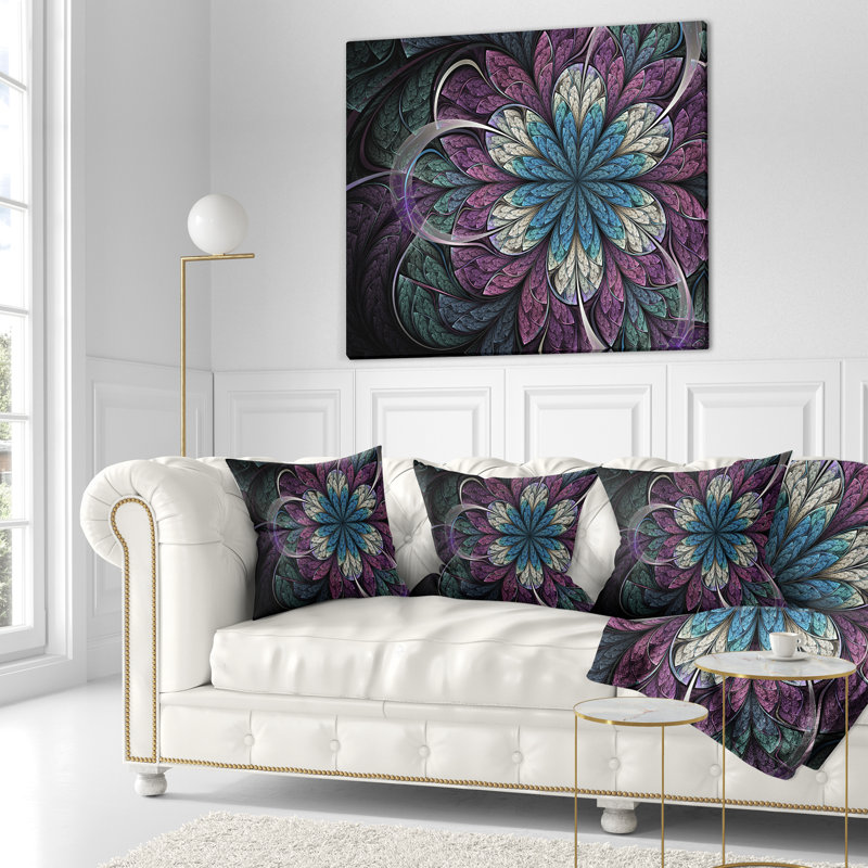 Fleur fractale arrondie mauve / bleu - coussin imprimé floral, 18 po x 18 po, Coussin décoratif