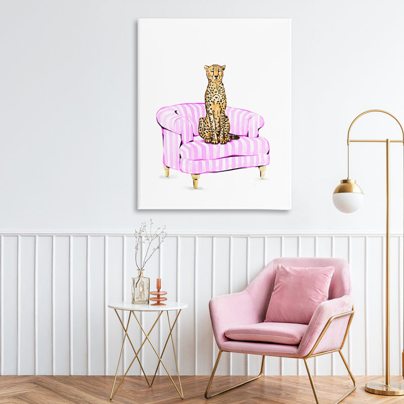 Guépard sur toile de chaise rayée rose, design par Ziwei Li, H 30 po x l 24 po