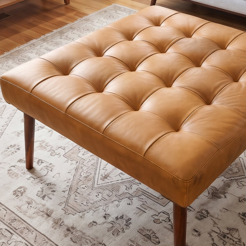 Upholstered Ottoman, Tan Genuine Leather
