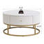 Table basse ronde de 31,5 po avec tiroirs, plateau en faux marbre blanc et structure en fer robuste pour le rangement du salon