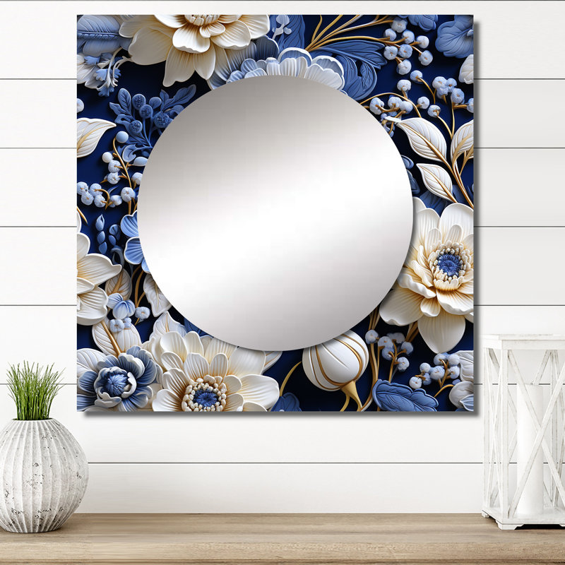 Motif victorien complexe en dentelle cobalt complexe II - Miroir carré floral pour chambre à coucher, 29 po x 29 po