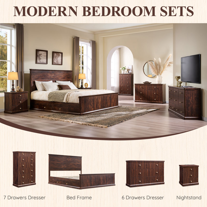 Table de chevet moderne de 23,6 po de hauteur avec station de charge, table de chevet en bois de 21,65 po de largeur avec 3 tiroirs de rangement, grande table de bout de style Mid-Century pour la chambre à coucher, brun 