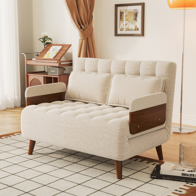 Kikumi 3-in-1 Beige Cotton Linen Upholstered Sofa Chair Reclining Sleeper with Adjustable Backrest, Walnut Wood