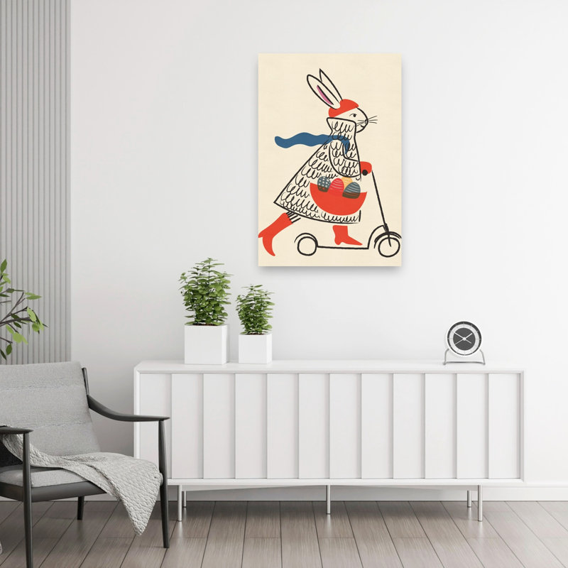 Easter Bunny On Scooter Whimsical Contemporary Rabbit Spring Forest Wall Art Print by Nicholas - Wrapped Canvas Print