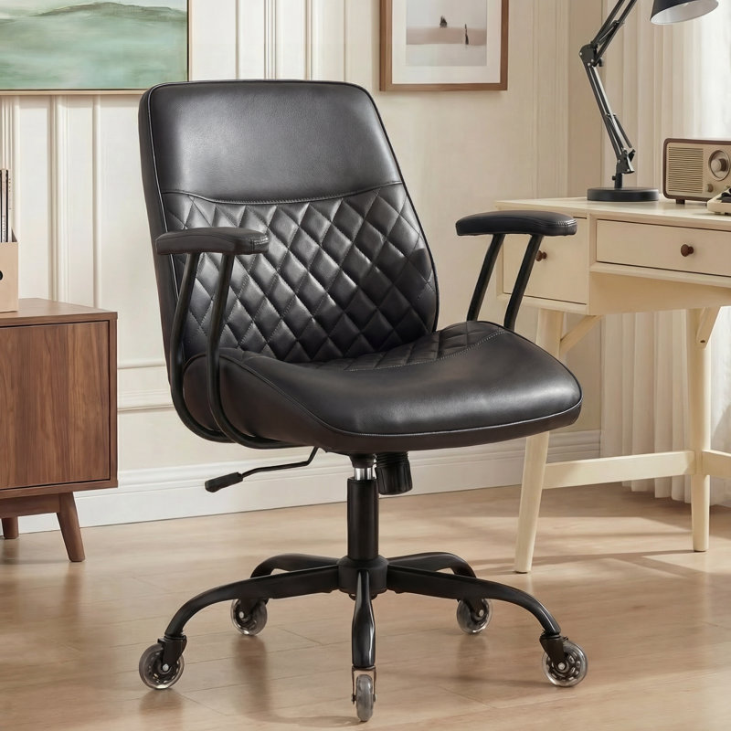 Camellia Ergonomic Faux Leather Office Chair with Pebble Seat, Mid-Century Desk Chair, Adjustable Height, Tilting, Swivel, Rolling Wheels