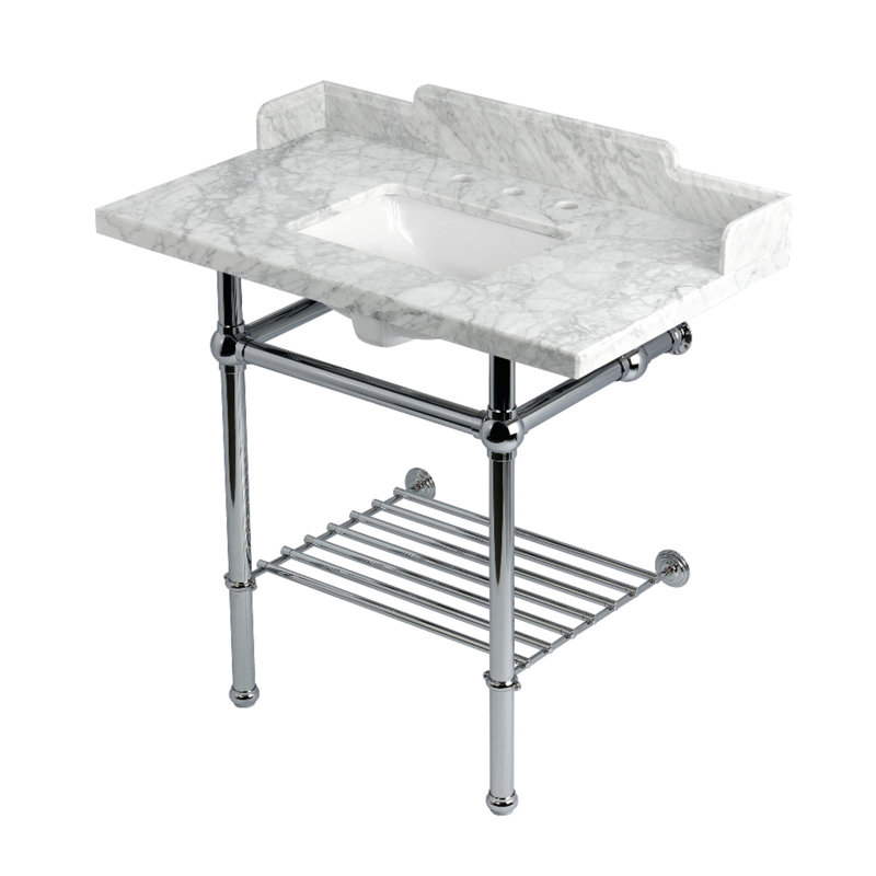 Kingston Brass Pemberton 36-Inch Carrara Marble Console Sink with Brass Legs and Shelf (8-Inch, 3-Hole)