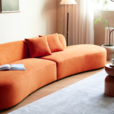 132" Curved 6 Seater Red Orange Velvet With High - Density Foam, Throw Pillows And Half Moon Design For Office Contemporary Home Luxury Modern