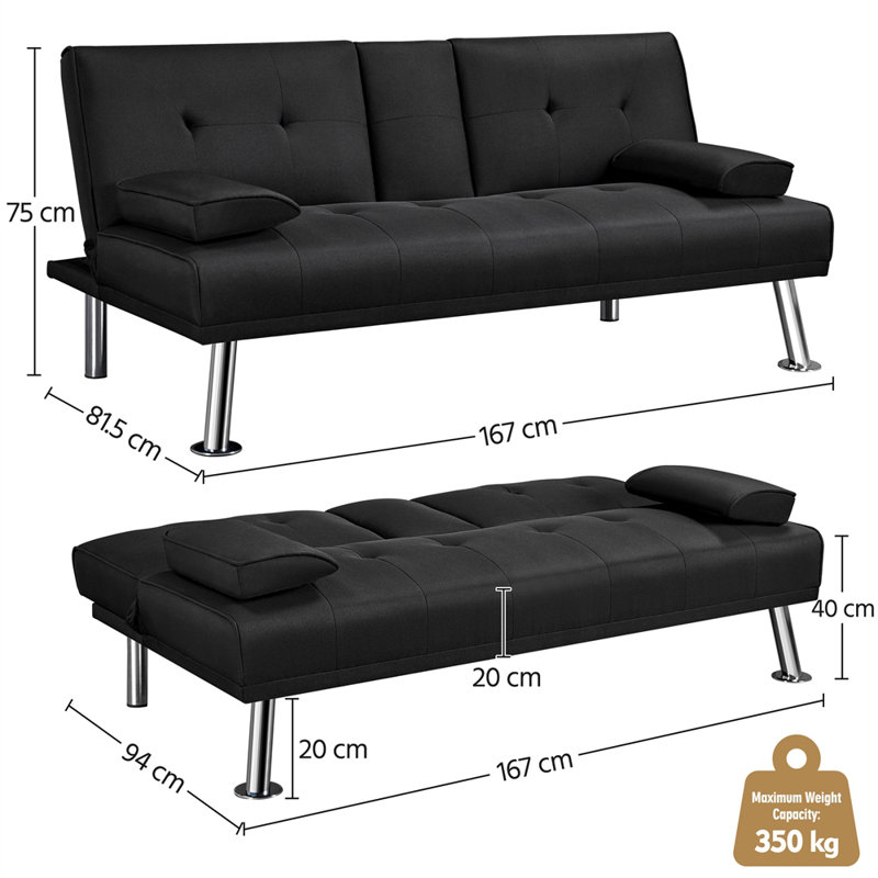 Colour 3-Seater Convertible Futon Sofa Bed, Black