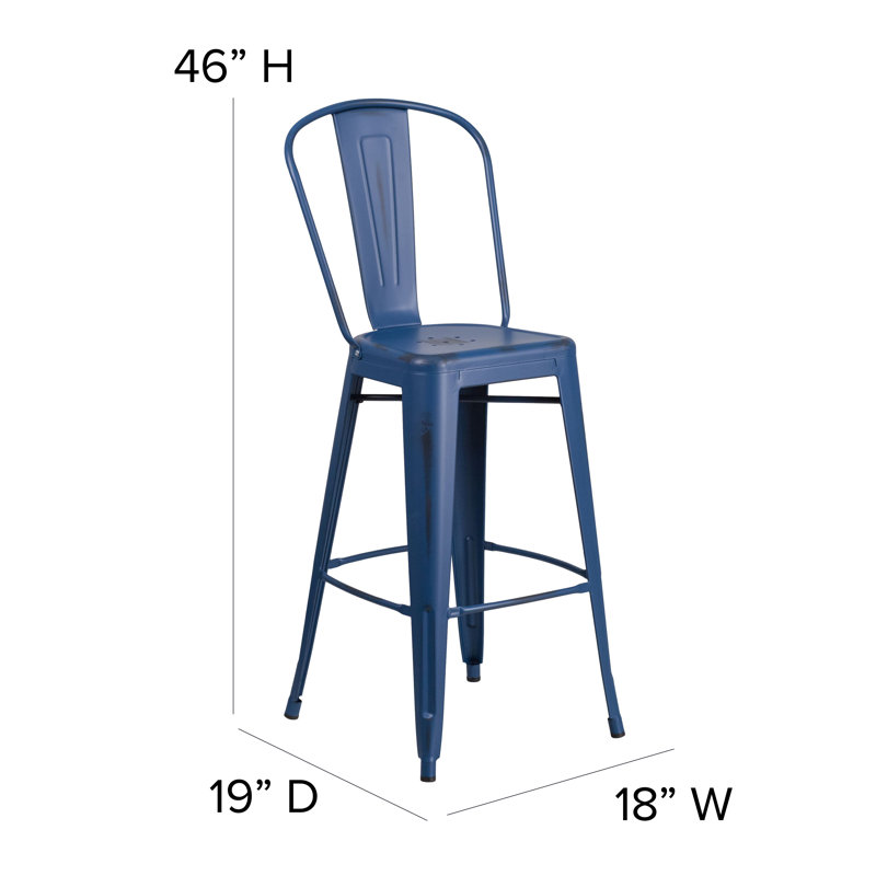 Commercial Grade Distressed Metal Indoor-Outdoor Counter Height Stool with Back, Antique Blue, Bar Stool (30" Seat Height)
