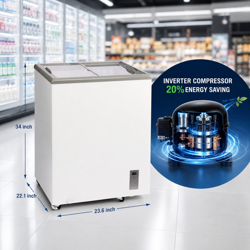 Congélateur coffre commercial à économie d'énergie Inverter de 5,1 pi³ avec porte coulissante en verre à faible émissivité, contrôle numérique de la température, verrouillage et roulettes
