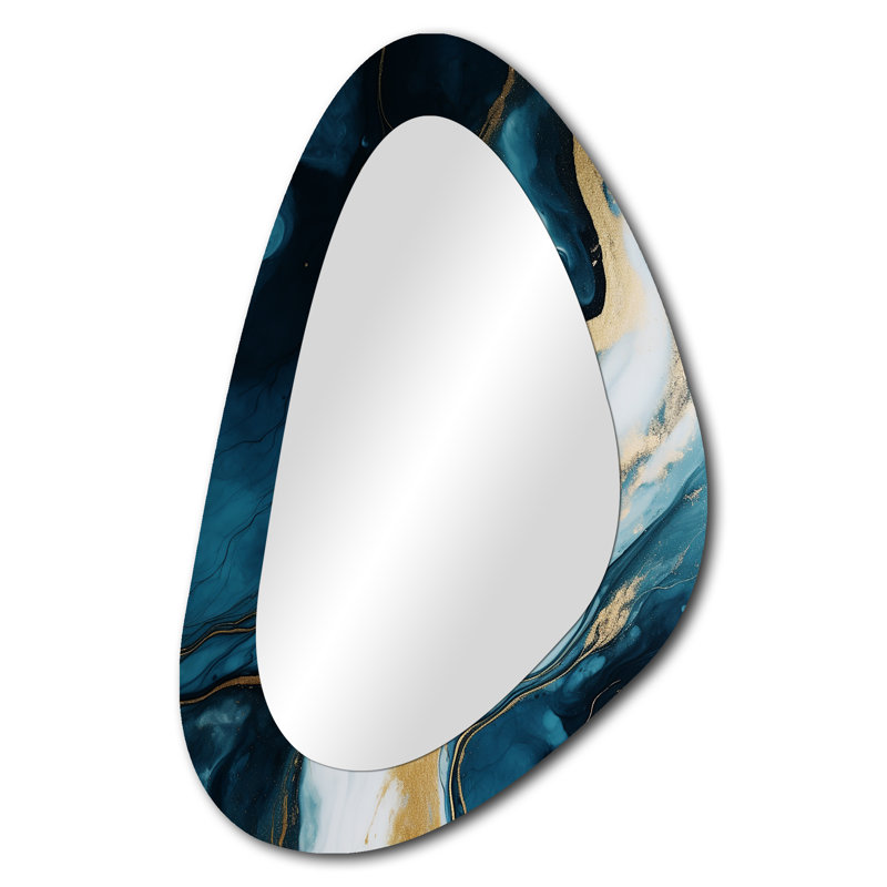 Wellingborough Gold and blue Abstract marble paint I - Marble Unique Shape Wall Mirror, Gold Asymmetrical Decorative Mirror, Printed Metal Art