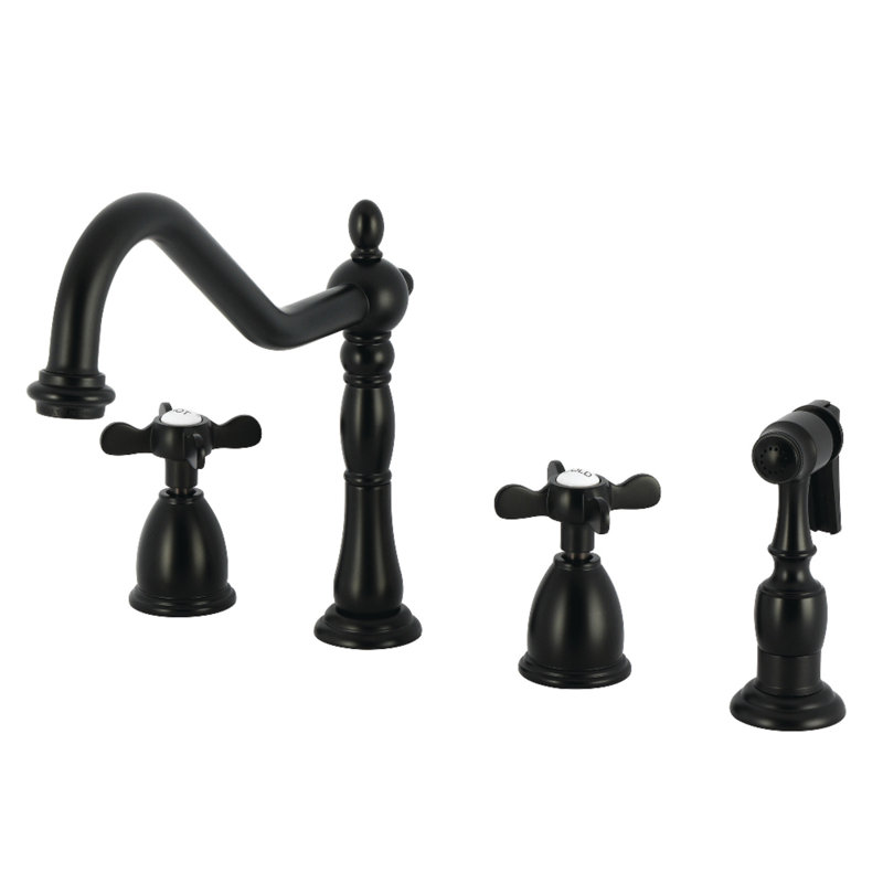 Kingston Brass Essex Double-Handle 4-Hole Widespread Kitchen Faucet With Brass Sprayer, Matte Black