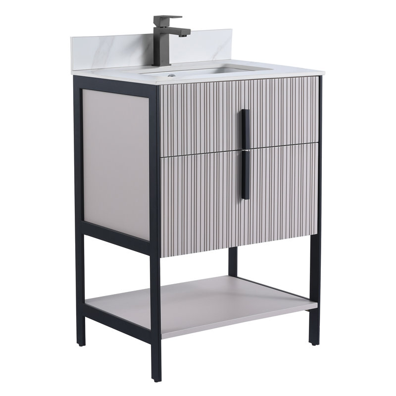 Meuble-lavabo moderne avec plateau en pierre Serenity, Taupe vif / or rose, 24", Marbre de Carrare blanc
