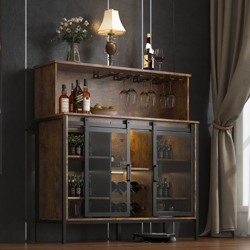 Hippeastrum 41.5" Coffee Bar Wine Cabinet With LED Lights, Kitchen Storage Buffet Cabinet With Sliding Barn Door And Glass Rack