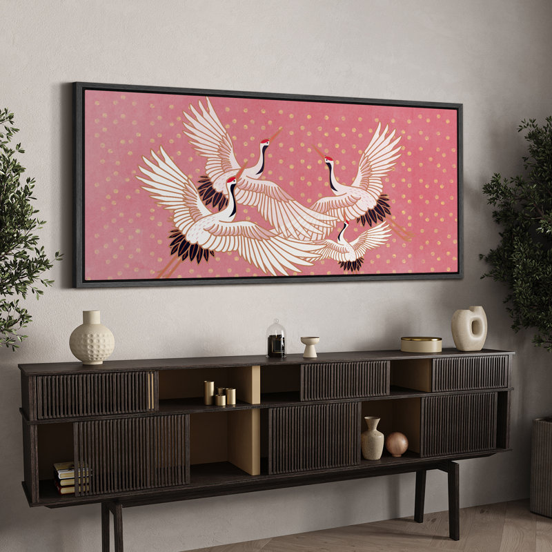 «Bright Preppy Animals Elegant Cranes In Flight», reproduction sur toile encadrée, H 30 po x l 60 po, Noir, noir, noir, noir