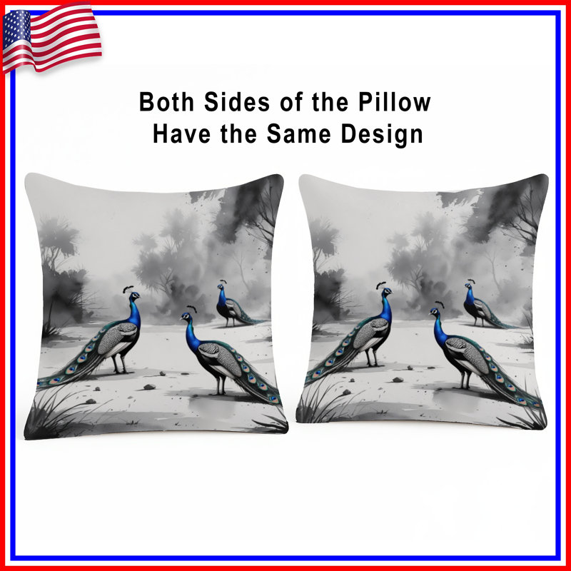 Blue Peacocks In Forest Double Sided Throw Pillows, 16 x 16 inches