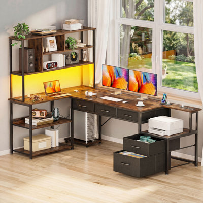 L-shaped Desk With Bookshelf, LED Lights, and Storage Drawers