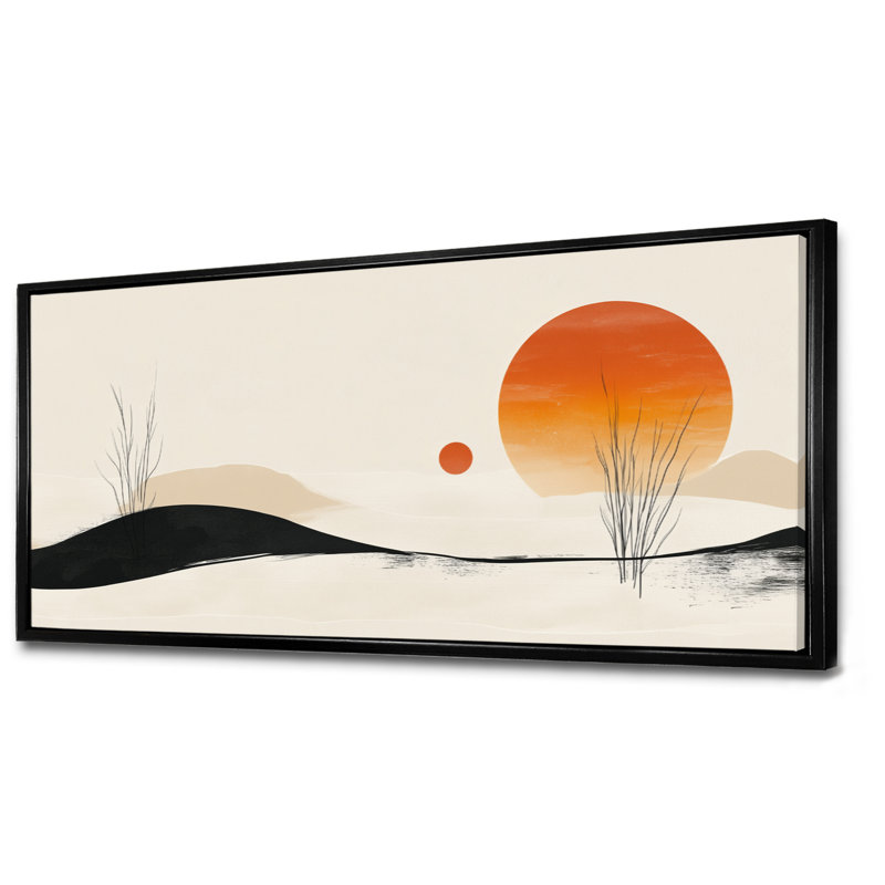 «Orange Black Orange Sun Over Quiet Dunes I», reproduction d'art sur toile, H 28 po x l 60 po, Cadre flottant noir