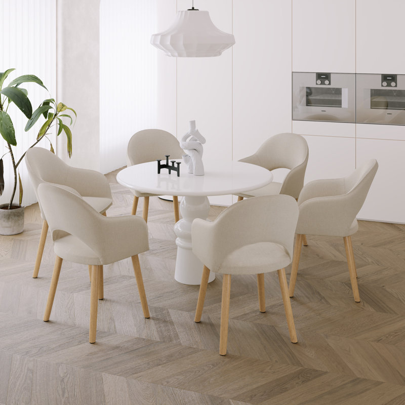 49.5cm H Modern Solid Wood Legs Upholstered Dining Chair with Arm, Beige Linen/Natural