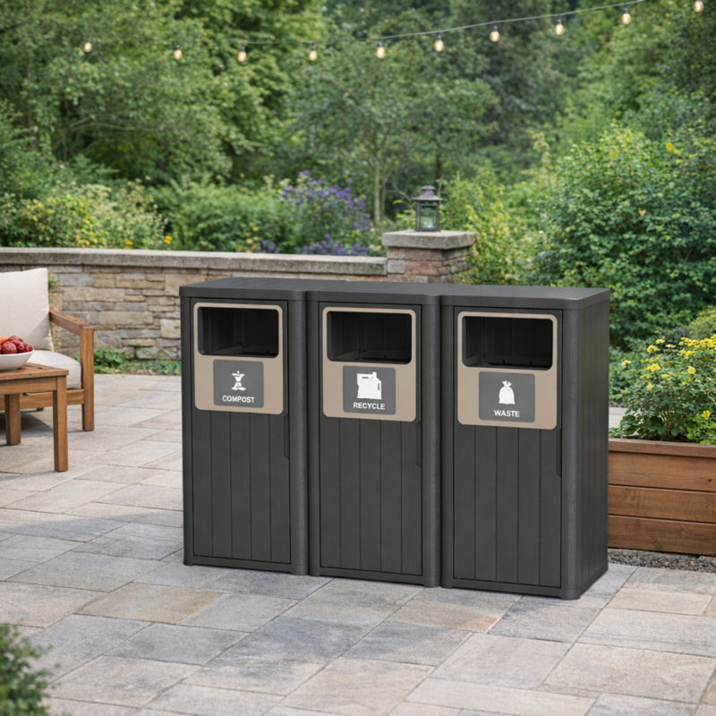 63 Gallon Triple Wood-grain Style Outdoor Trash Can With Triple Lids, Black