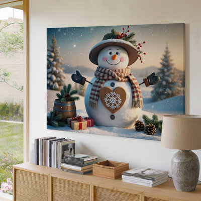 Canvas A Cheerful Snowman Stands In A Winter Wonderland Adorned With Wall Art A Wide Brimmed Hat Decorated With Pine Branches And Canvas Wall Art