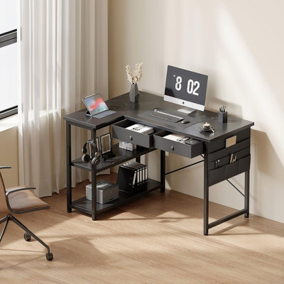 Home Office Desk With Drawers And Shelves, Computer Corner Desk For Small Space, Small L Shaped Desk With Side Storage For Bedroom