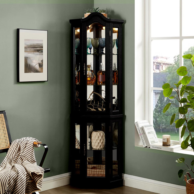 Lighted Corner Curio Cabinet With Tempered Glass Doors & Shelves - Elegant Oak Display Storage For Living Room & Bedroom Decor-BLACK