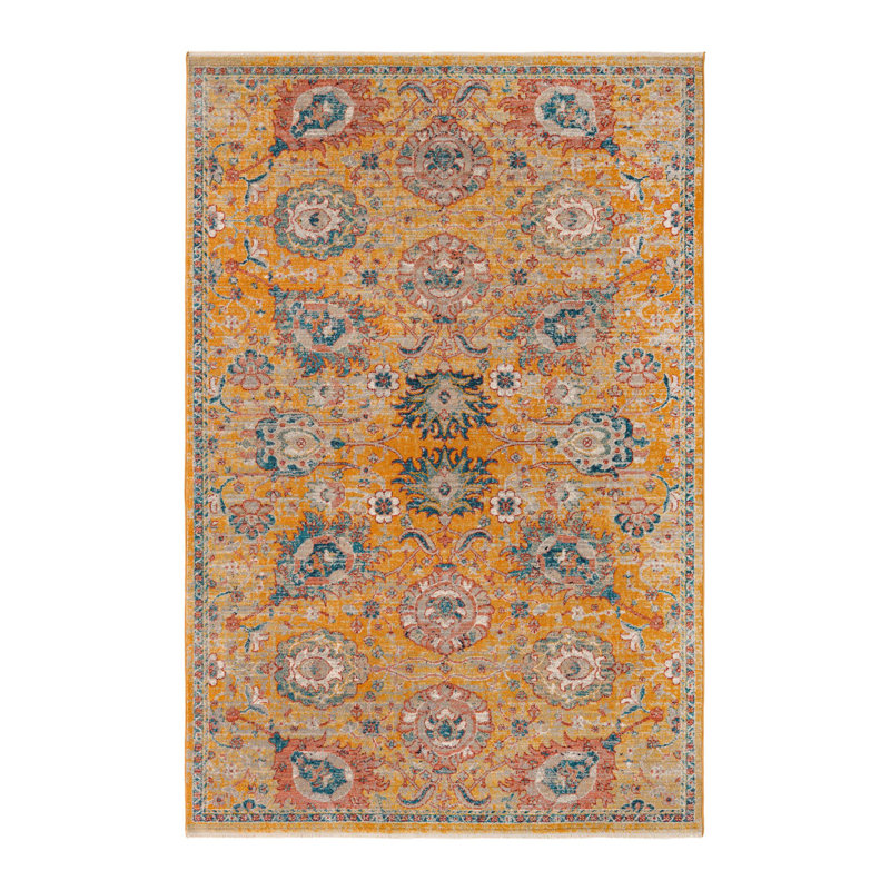 Tapis jaune à motif floral Akira, Rectangle 6 pi x 9 pi 2 po