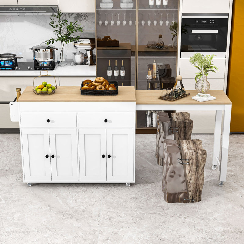 Versatile Kitchen Cart with Lockable Wheels, Extendable Table, and Spacious Cabinets, White