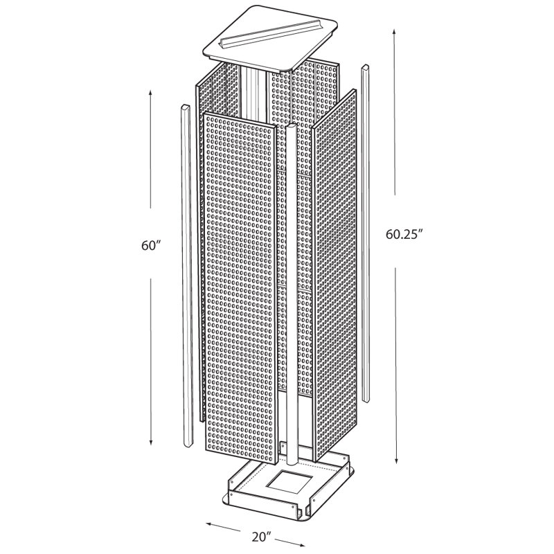 Présentoir de plancher à quatre côtés en panneau perforé sur base pivotante. Support à roulettes. Taille du panneau: l 16 po x H 60 po