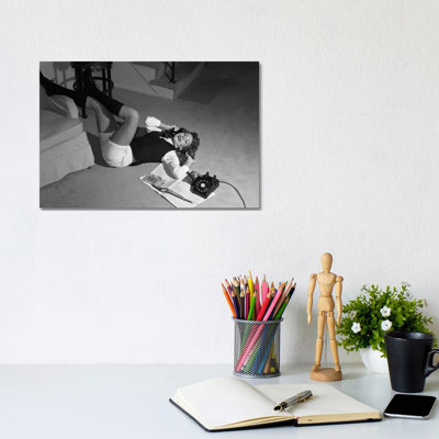 1960s Teenage Girl Lying On Floor Wear Shorts Knee Socks Reading Magazine Talking On Telephone Looking At Camera - Wrapped Canvas Print