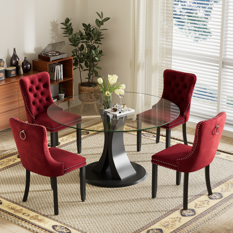 4-Piece Round Pedestal Dining Set, Burgundy, 29.5" H x 47" W x 47" D