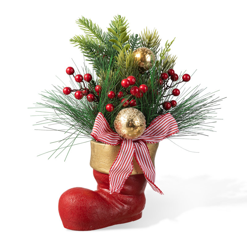 14"H Christmas Boot With Pine Needle & Berry Centerpiece