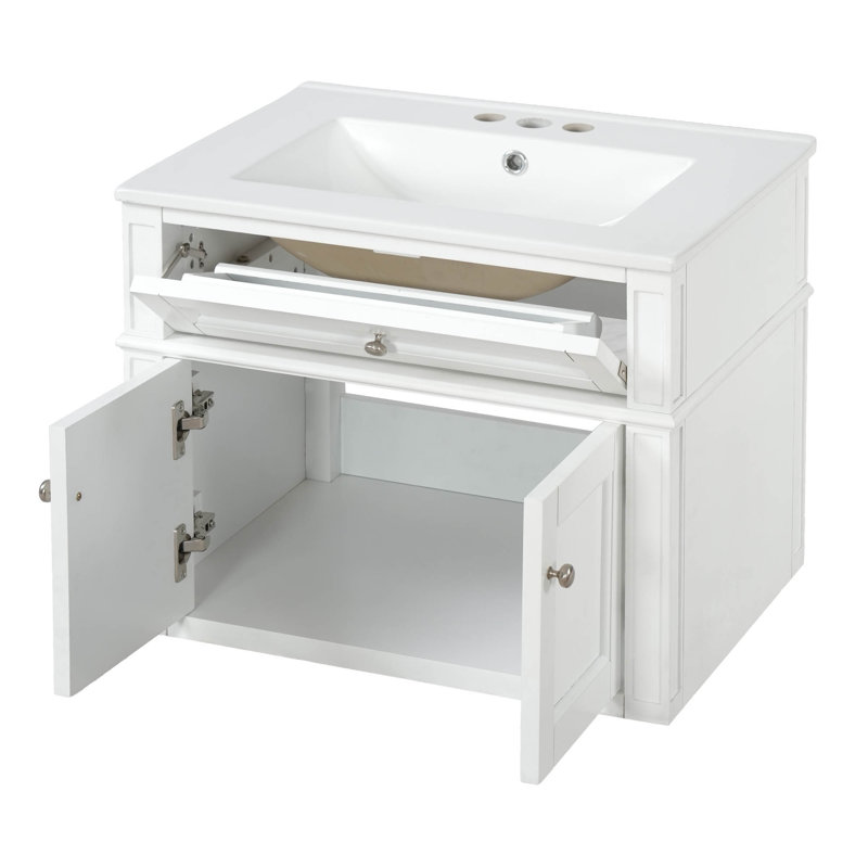 Meuble-lavabo suspendu simple de 61 cm (24 po) avec dessus en céramique, Blanc