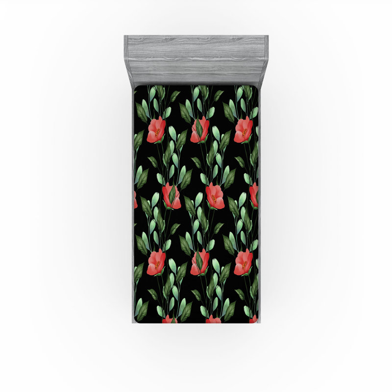 Drap-housse Ambesonne, Corail foncé / motif floral vert fougère 3, Drap-housse de taille simple