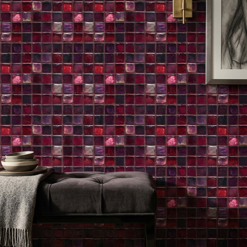Red Glass Mosaic Wallpaper Square Tile Grid Geometric Pattern Decorative Mural, Peel and Stick