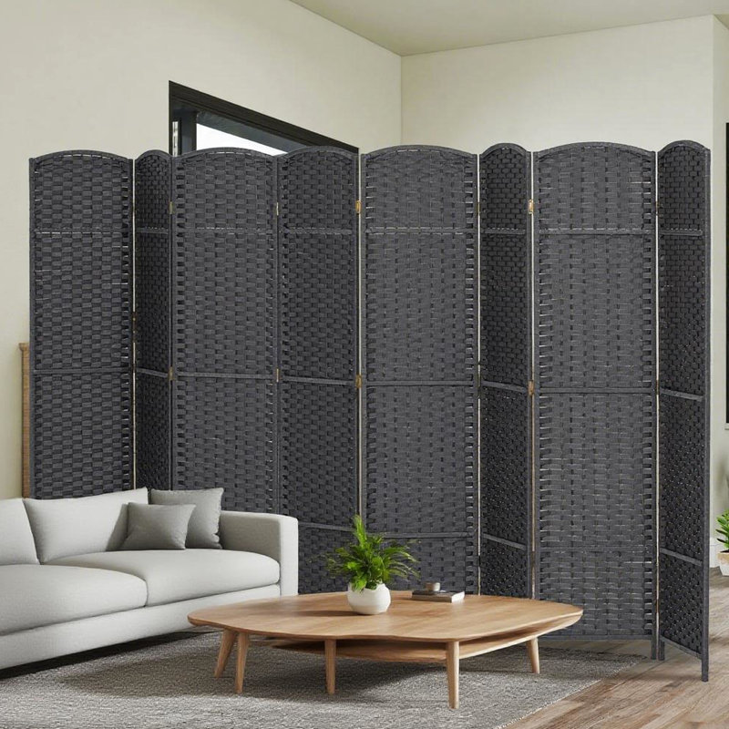 Paravent autoportant à 8 panneaux avec motif tissé à la main, bois de pin et polypropylène, pour créer un espace intime et séparateur pliant, avec plateau arqué facile à déplacer